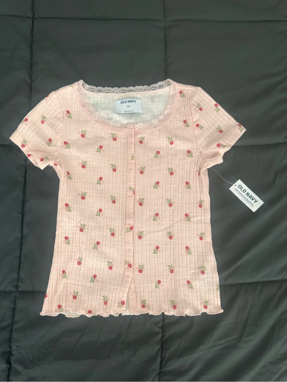 Old Navy Light Pink Floral Ribbed Button-Up Top